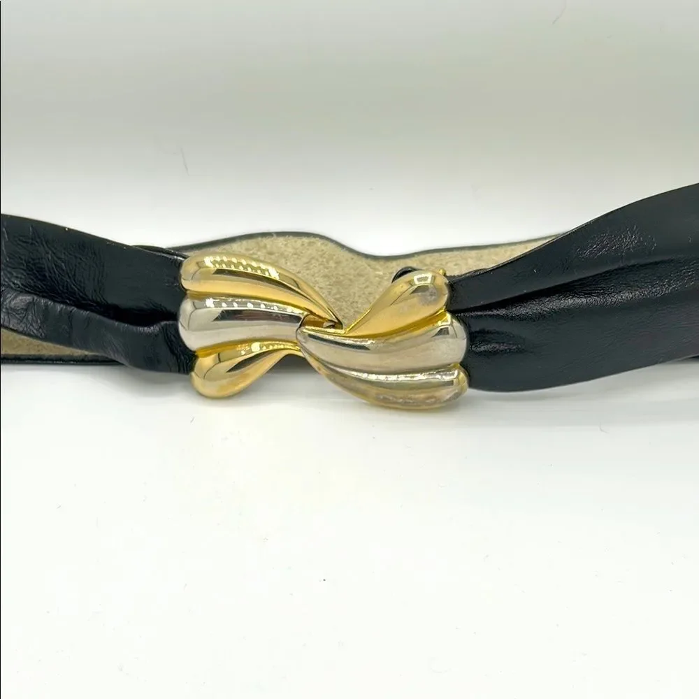 Vintage Black Leather Belt with Gold and Silver Scallop Buckle - Size S